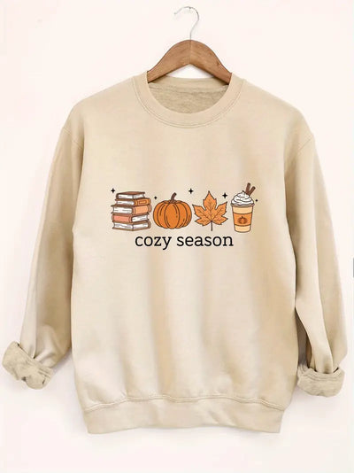 Sweat douillet à col rond avec motifs citrouille, feuilles et tasse à café