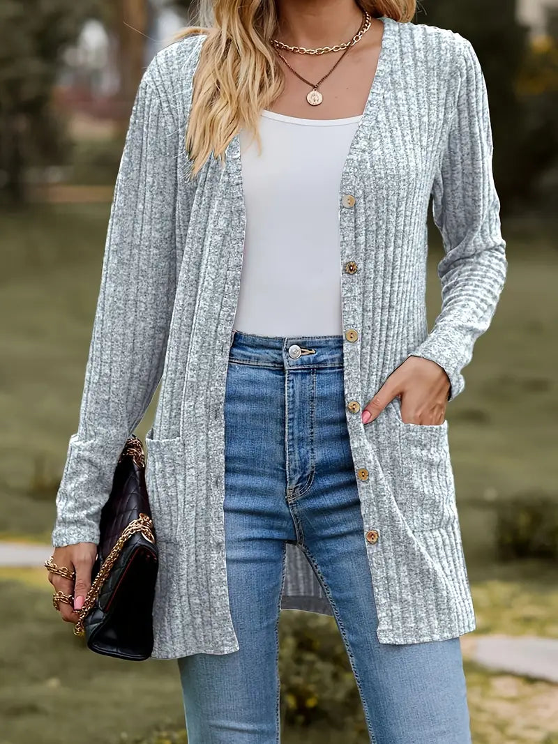 Cardigan côtelé mi-long avec boutons