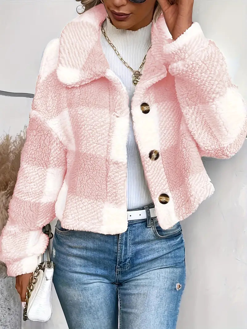 Manteau Teddy hivernal à Manches Longues à Carreaux