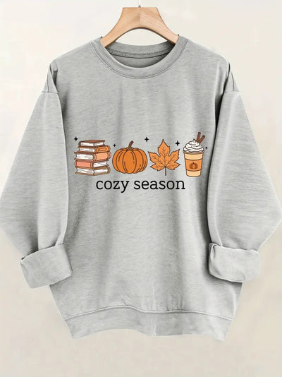 Sweat douillet à col rond avec motifs citrouille, feuilles et tasse à café