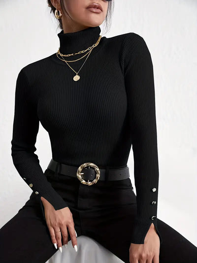 Pull en maille à manches longues col tortue décontracté faux boutons