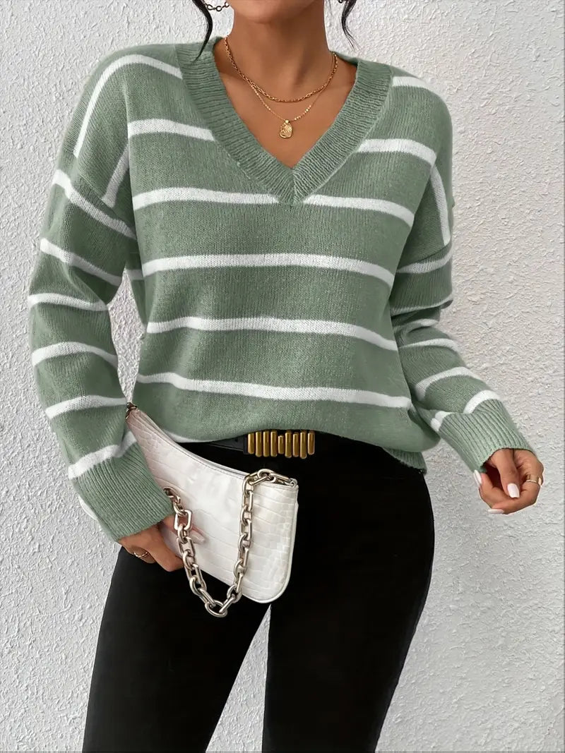 Pull col V à manches longues avec rayures horizontales