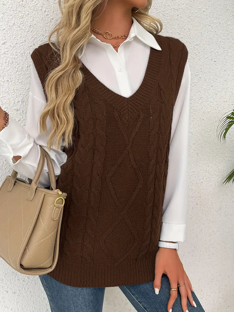 Pull long côtelé col v sans manches