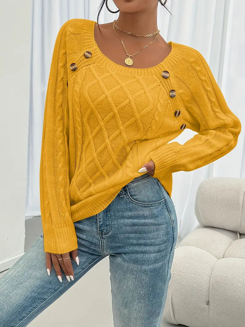 Pull Décontracté Col Carré avec Boutons et Manches Lanternes