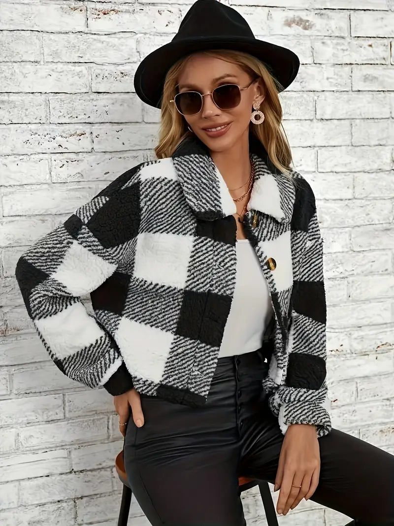 Manteau Teddy hivernal à Manches Longues à Carreaux