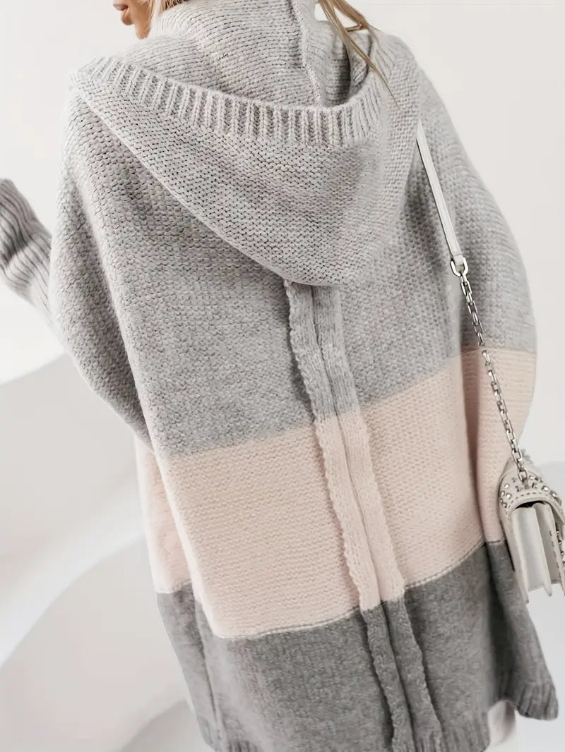 Cardigan mi-long Décontracté à Capuche rose et gris