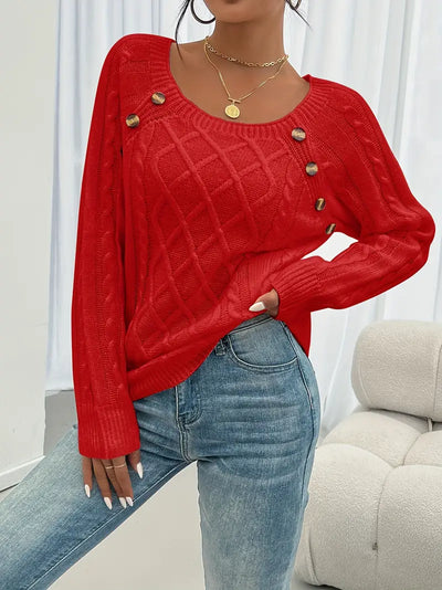 Pull Décontracté Col Carré avec Boutons et Manches Lanternes