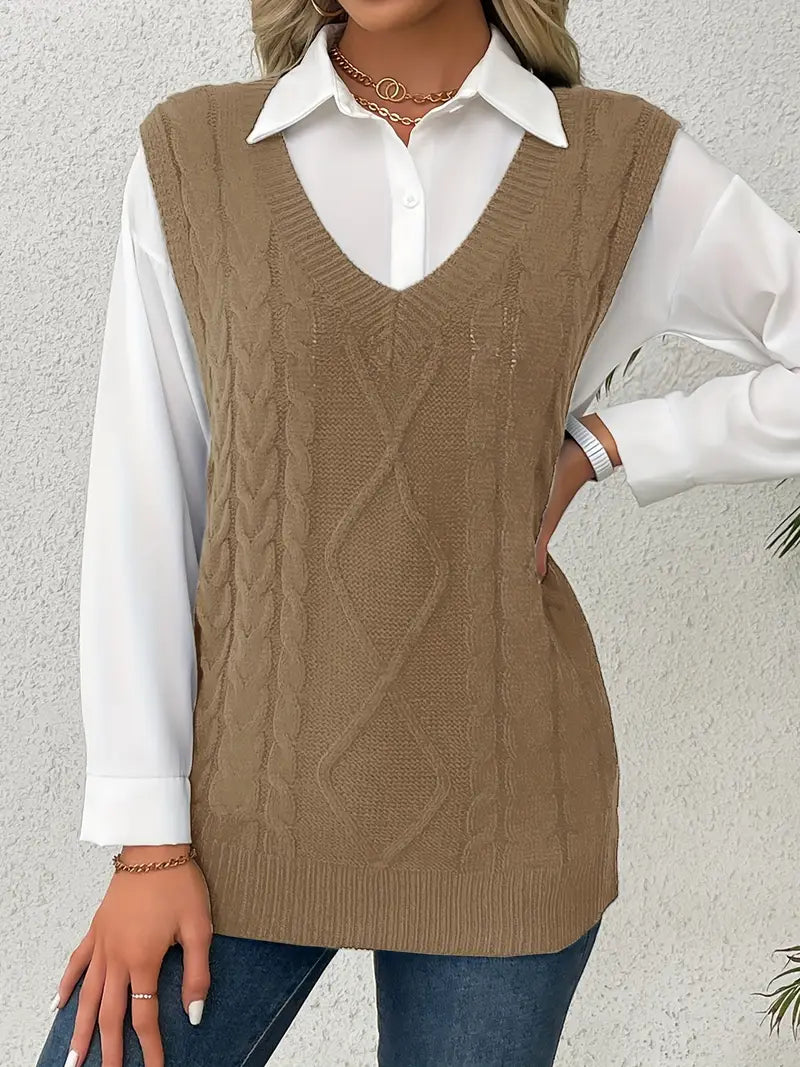 Pull long côtelé col v sans manches