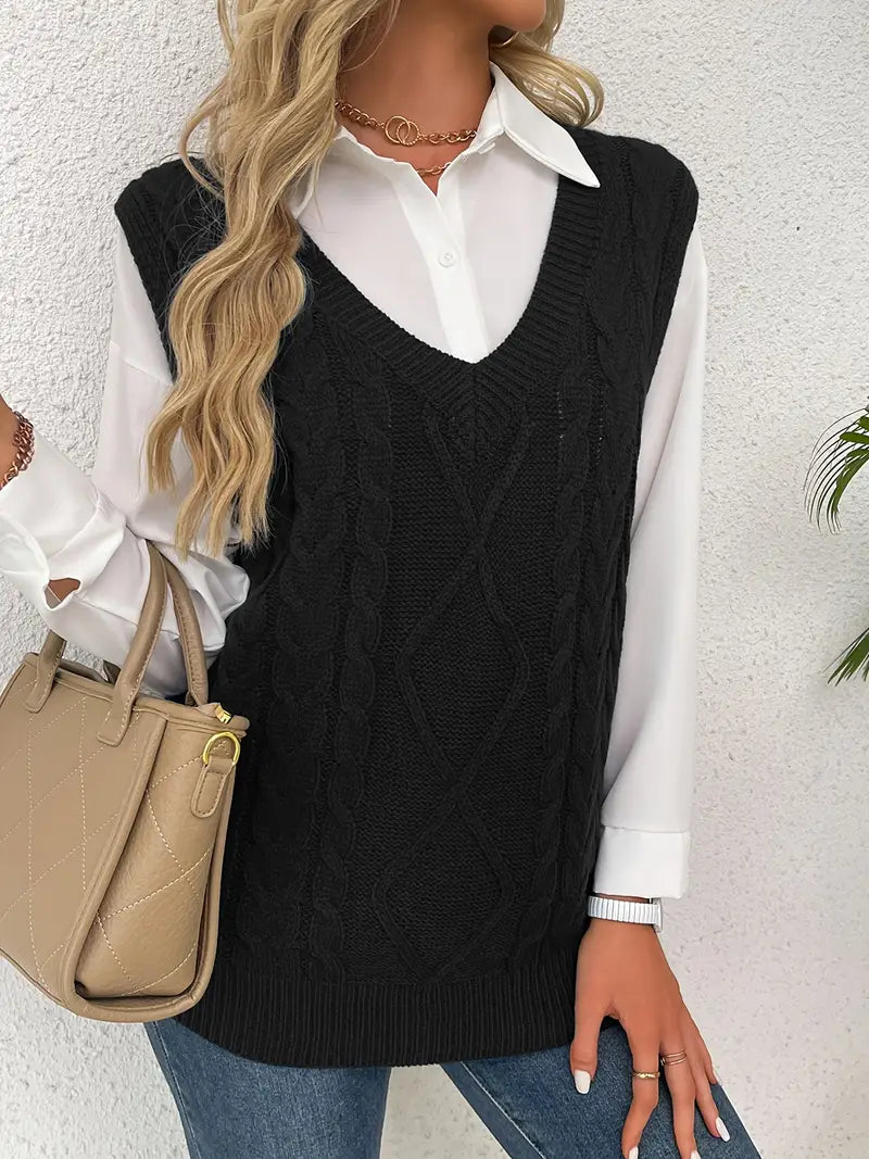 Pull long côtelé col v sans manches