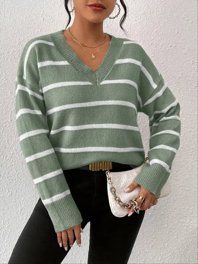 Pull col V à manches longues avec rayures horizontales