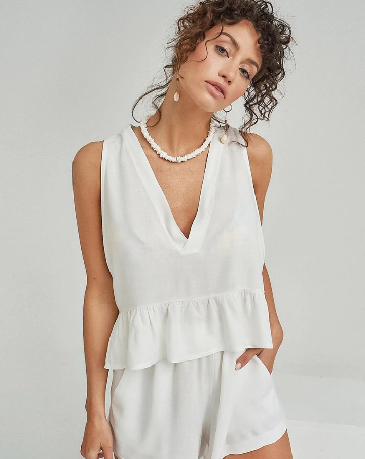 Pyjama Col V à volants blanc